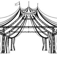 elegant black and white line art illustration of a circus tent with striped canvas and supporting metal structure. vector