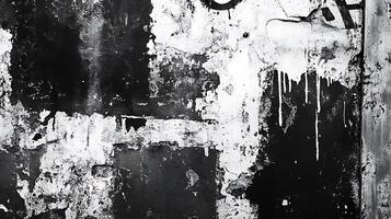 Textured black and white wall with peeling paint and drips creating an abstract and grunge-like appearance with stark contrasts photo