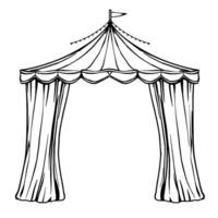 a detailed monochrome line drawing of a classic circus tent entrance, featuring draped curtains, scallop trim, flag, and string lights, set against a clean white background. vector