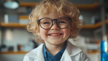 Cheerful young boy in lab coat with glasses big smile and bright future dreams of innovation and discovery in a scientific setting photo