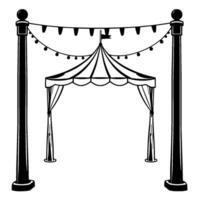 elegant black and white illustration of a festive circus entrance with a canopy, string lights, and decorative poles vector