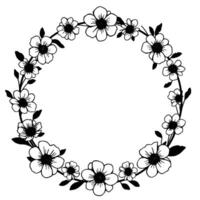 intricate black and white floral wreath arrangement, featuring stylized flowers and leaves, creating a decorative circular border, isolated on a white backdrop. vector