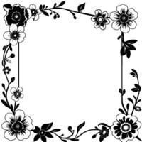 intricate black and white floral border a symmetrical of stylized blossoms, leaves, and vines frames empty space. vector