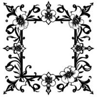 ornate black and white square floral frame with flowers at each corner and intricate, stylized botanical accents, isolated on a white background. vector
