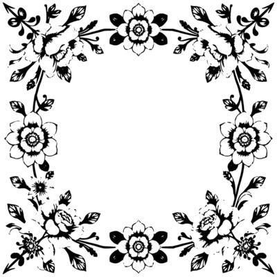 ornate black and white floral frame a symmetrical of blossoming flowers, leaves, and vines bordering a blank white square, elegant vintage art.