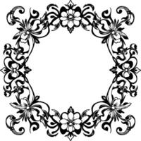 ornate floral frame a symmetrical black and white illustration with decorative botanical elements forming a circular border. vector