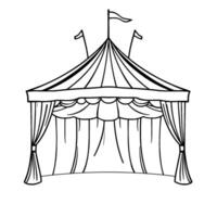 a simplistic, black and white illustration of a circus tent with flags and draped curtains, evoking a sense of nostalgia and whimsical charm. vector