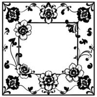 intricate black white floral frame with square center, ornate petals, vines, and detailed border, perfect for invitations. vector