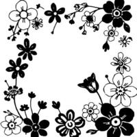 intricate black and white floral border with diverse flower shapes, creating a delicate, artistic, and decorative framing element. vector