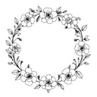 intricate floral wreath illustration black and white circular featuring detailed blooms, leaves, and stem twists for artistic wedding, greeting card, and decorative elements vector