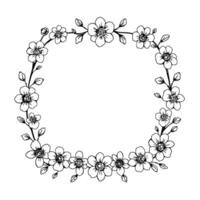delicate floral wreath illustration with handdrawn style, encompassing an empty oval, with flowers, leaves, and branches rendered in black lines on a white background. vector