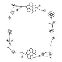 delicate handdrawn floral frame a linear arrangement of daisies and small flowers in black and white, enclosing a square composition. vector