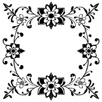 elegant black and white floral frame , symmetrical composition with stylized flowers, leaves and vines, isolated on a white background for a classic aesthetic.