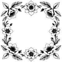 elegant black and white floral frame delicate botanical illustration with intricate flower and leaf details, creating a symmetrical border with a blank center. vector