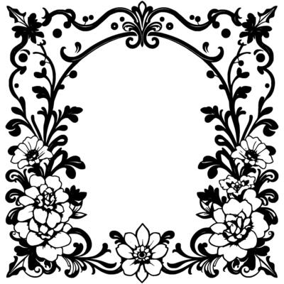 elegant black and white floral frame with ornamental vines, leaves, and blossoms bordering a central arch.