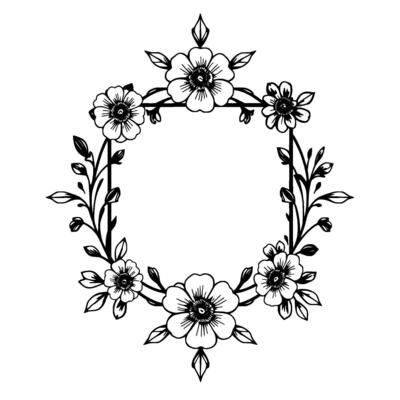 elegant black and white floral square frame with detailed line art, decorative elements and flourishes for invitations and designs.