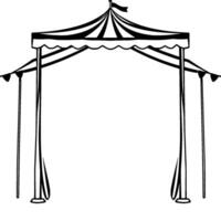 monochrome circus entrance archway featuring striped tent roof, scalloped edging, flags, and supporting poles on a white background. vector