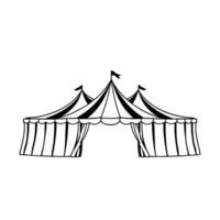 minimalist black and white circus tent illustration with striped canopy, curtains, and pennants, on a white background. vector