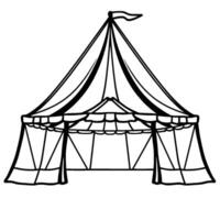 simple black and white circus tent illustration with classic striped roof, banner, and open entrance, on white background. vector