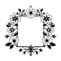 monochromatic floral frame geometric square with stylized flowers in grayscale and black, set against a clean white background, creating a decorative border. vector