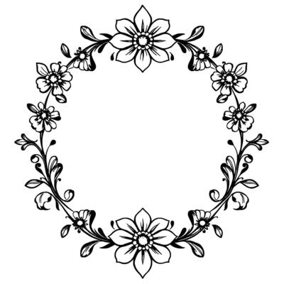 intricate floral wreath monochrome line art of flowers, leaves, and swirls forming a circular decorative frame.