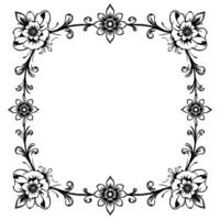 ornate black and white floral square frame with detailed line art and elegant scrollwork border, centered on white background. vector