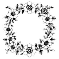 intricate handdrawn black and white floral wreath arrangement featuring various flower species, leaves, and stems, creating a symmetrical circular . vector