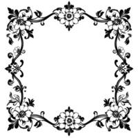 elegant black and white floral border featuring intricate flower and leaf patterns in a symmetrical square composition. vector