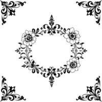 intricate floral frame with symmetrical arrangement, featuring blossoming flowers, botanical details, corner motifs, and a circular central shape, presented in elegant black and white on a brig vector