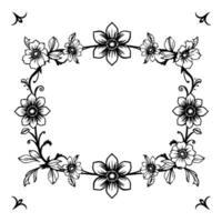 elegant black and white floral rectangular frame with detailed botanical vines and accents on a white background. vector