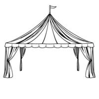 illustration of a black and white circus tent with a flag, scalloped trim, and draped curtains on a white background. vector
