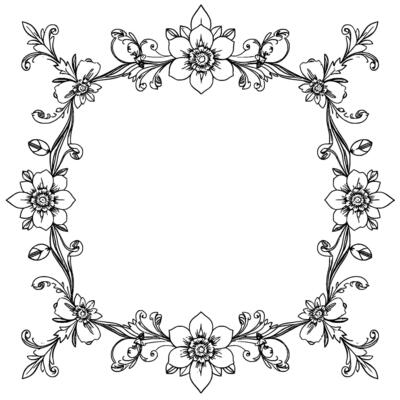 intricate floral square frame, black and white line art with detailed petals, leaves, and decorative flourishes.