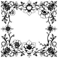 intricate black and white floral frame, featuring detailed botanical illustrations with elegant, symmetrical arrangement and delicate linework. vector