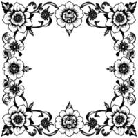 intricate black and white floral border with a symmetrical and negative space for text or imagery. vector