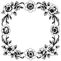 elegant black and white floral border with peonies, roses, and leaves forming a square frame, ideal for invitations and elements. vector