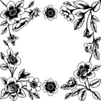 intricate black and white floral frame featuring detailed blossoms and foliage, creating a decorative border element. vector