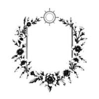 elegant black and white floral frame featuring intricate botanical details, compass rose element, and a blank center for text. vector