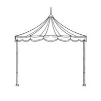 a detailed black and white line drawing of a circusstyle tent, with a scalloped edge and four support poles. vector