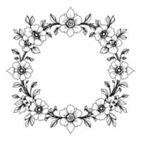 handdrawn, intricate floral wreath , featuring stylized blooms, foliage, and a circular, empty central space against a white background. vector