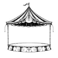 detailed black and white ink illustration of a vintage circus tent and stage, showcasing elaborate patterns and ornamental with a flag at the apex. vector
