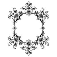 elegant black and white floral frame, featuring detailed botanical illustrations with symmetrical arrangement, perfect for invitations or elements. vector