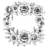 intricate black and white floral wreath illustration peonies, roses, and other blooms in a delicate, artistic line drawing. vector
