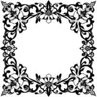 ornate black and white floral frame with detailed swirls and flower motifs, isolated on white, with an open center vector