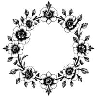 intricate black and white floral wreath illustration with stylized blossoms, leaves, and stems arranged in a symmetrical circular on a pristine white background. vector