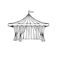 illustration of a classic circus tent with striped canopy and draped curtains, topped with a simple flag. vector
