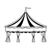 a vintage circus tent illustration, in monochrome, showcasing its striped canopy with a flag and curtained sides. vector