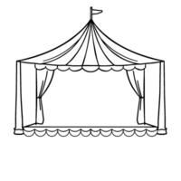 black and white illustration of a simple circus tent with scalloped valance, draped curtains, and a small flag on top, ready for a performance. vector