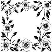 a symmetrical black and white floral with handdrawn style, featuring flowers and leaves arranged around an open space. vector