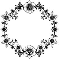 intricate black and white floral wreath with detailed line art, creating a classic and elegant circular composition. vector