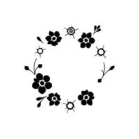 elegant black floral wreath with simplified petals, leaves, and sunbursts on a pristine white backdrop, creating minimalist harmony. vector
